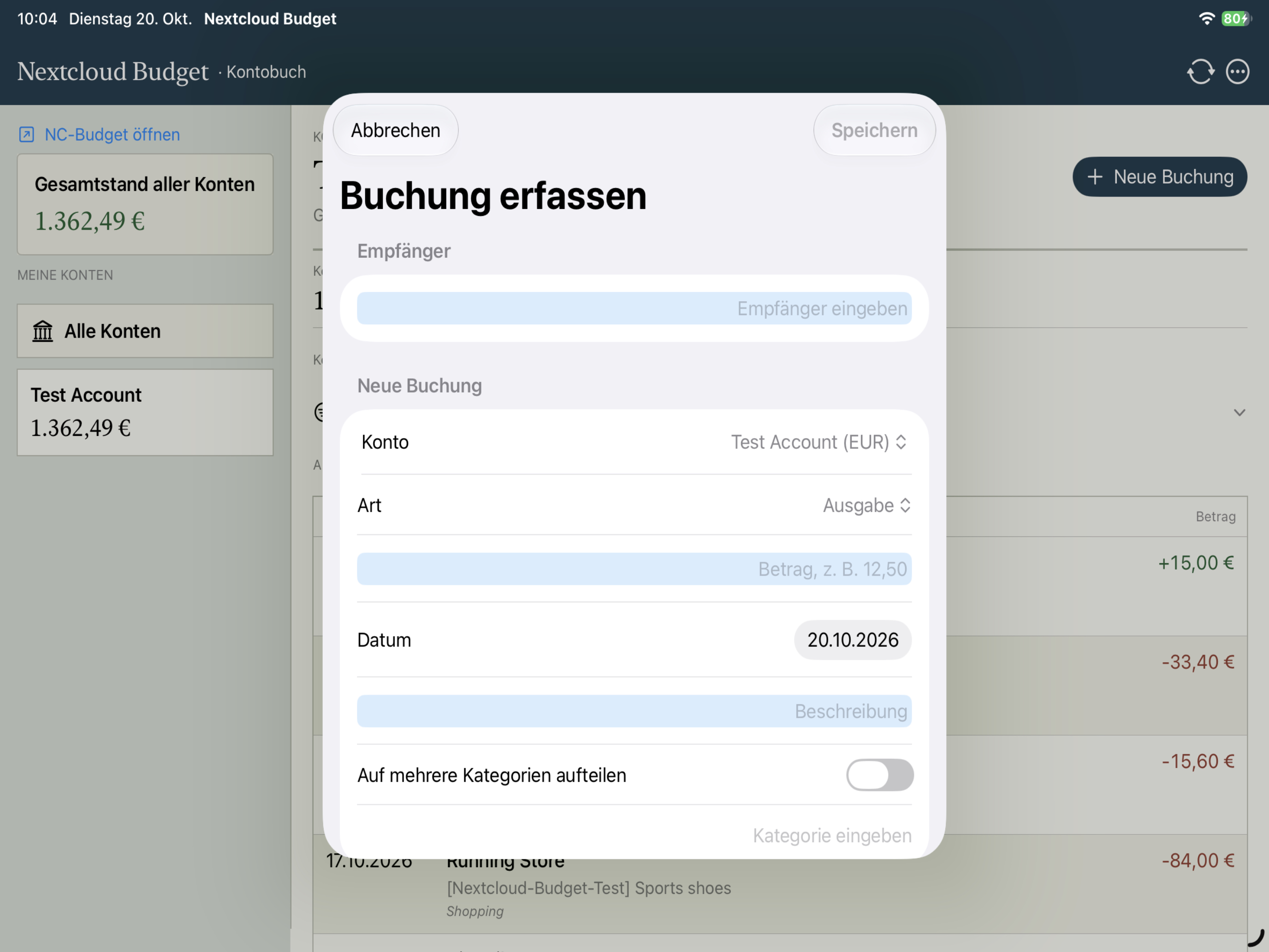Neue Buchung in Budgetwerft auf dem iPad mit Konto- und Kategorieauswahl
