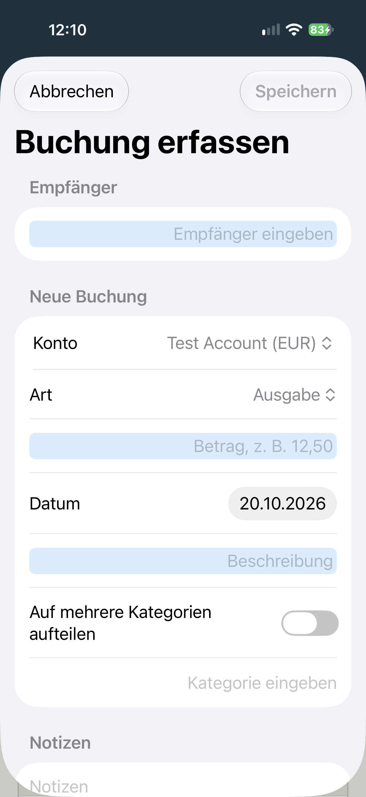 Formular zum Erfassen einer neuen Buchung auf dem iPhone